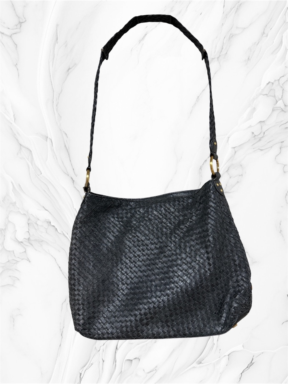 Elliott Lucca Black Woven leather Shoulder Bag with Braided Strap